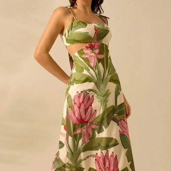 Multicolor Boho Women's Banana Tree Print Sleeveless Spaghetti Strap Dress - Picture 5 of 7